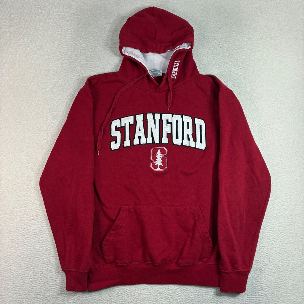 Y2K Stanford Hoodie Men M Red Pullover Sweatshirt Drawstring Embroidered